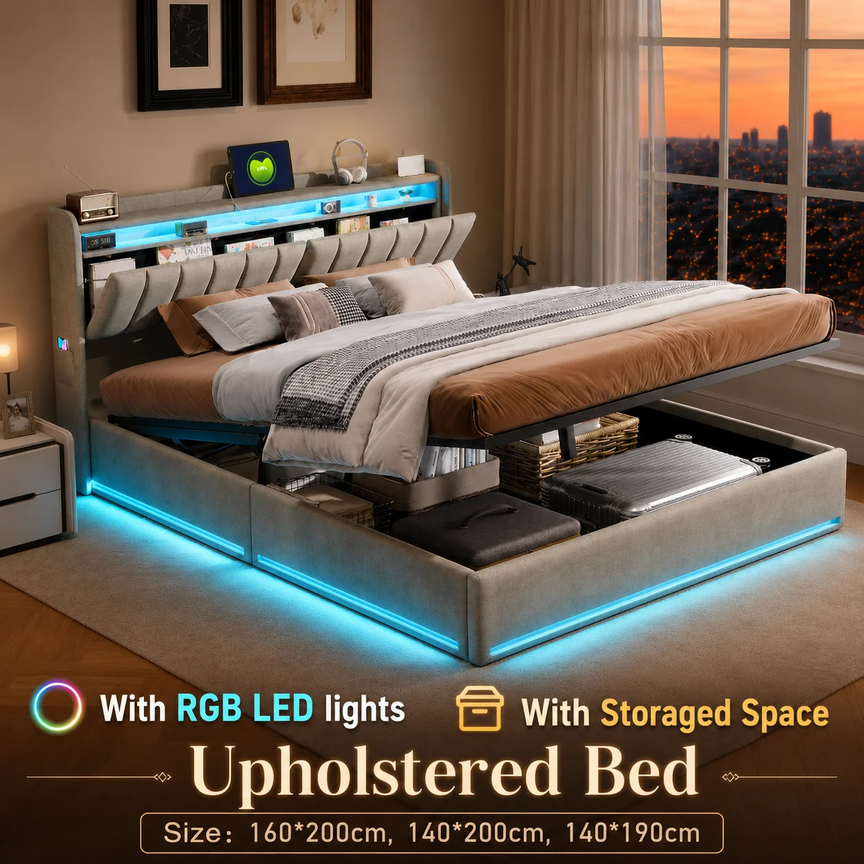 Lit Coffre 140/160*200 cm avec Sommier LED et USB ,Lit Double Rembourré avec Lumière LED, LIT Capitonné avec Rangement, Lits 2 Personnes avec Sommier à Lattes en Velours,Sans Matelas