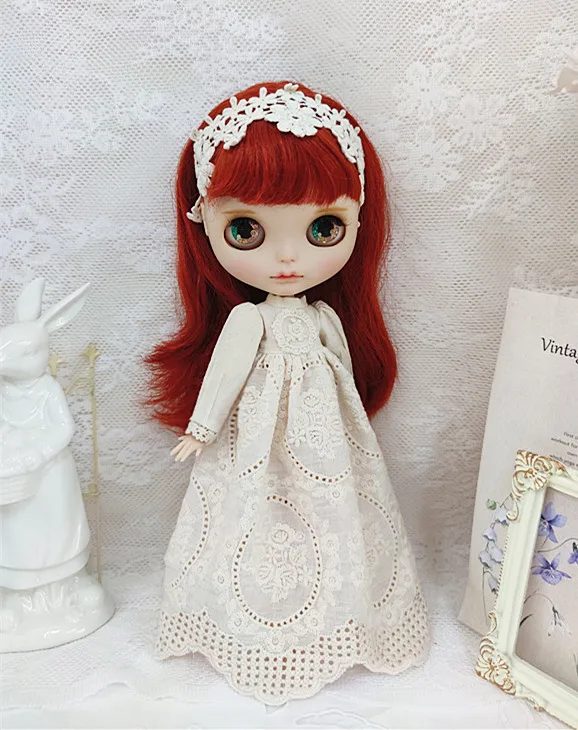 

Retro Mirror Flower Beige Retro Long Dress Blythe doll dress skirt, apron, 1/6 BJD 30cm for Pullip,Ob22,Ob24, Licca