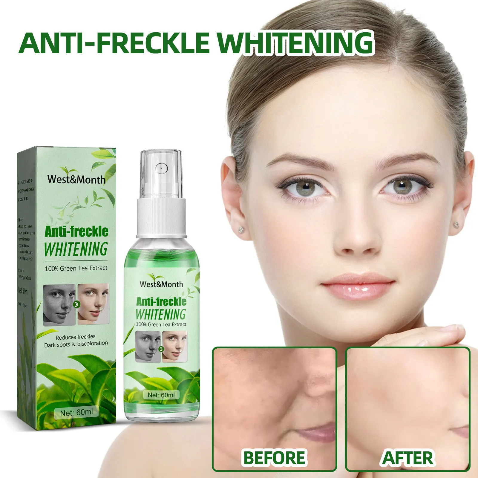 

60ml Green Tea Skin Beautifying And Spot Removing Water Skin Elasticity Antioxidant Bright Skin Reduce Freckles Toner Essence