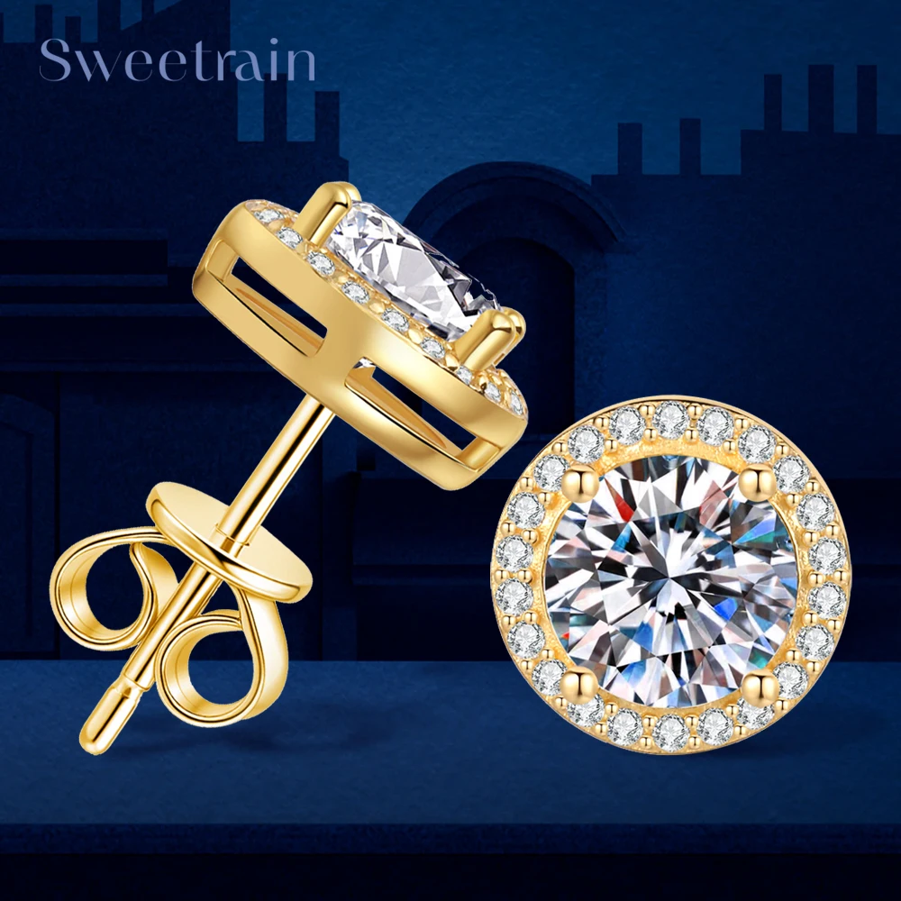 

Sweetrain 18K Plated 0.5-2CT Moissanite Earrings for Women D VVS1 GRA Certified Lab Diamond Ear Studs 925 Silver Fine Jewelry