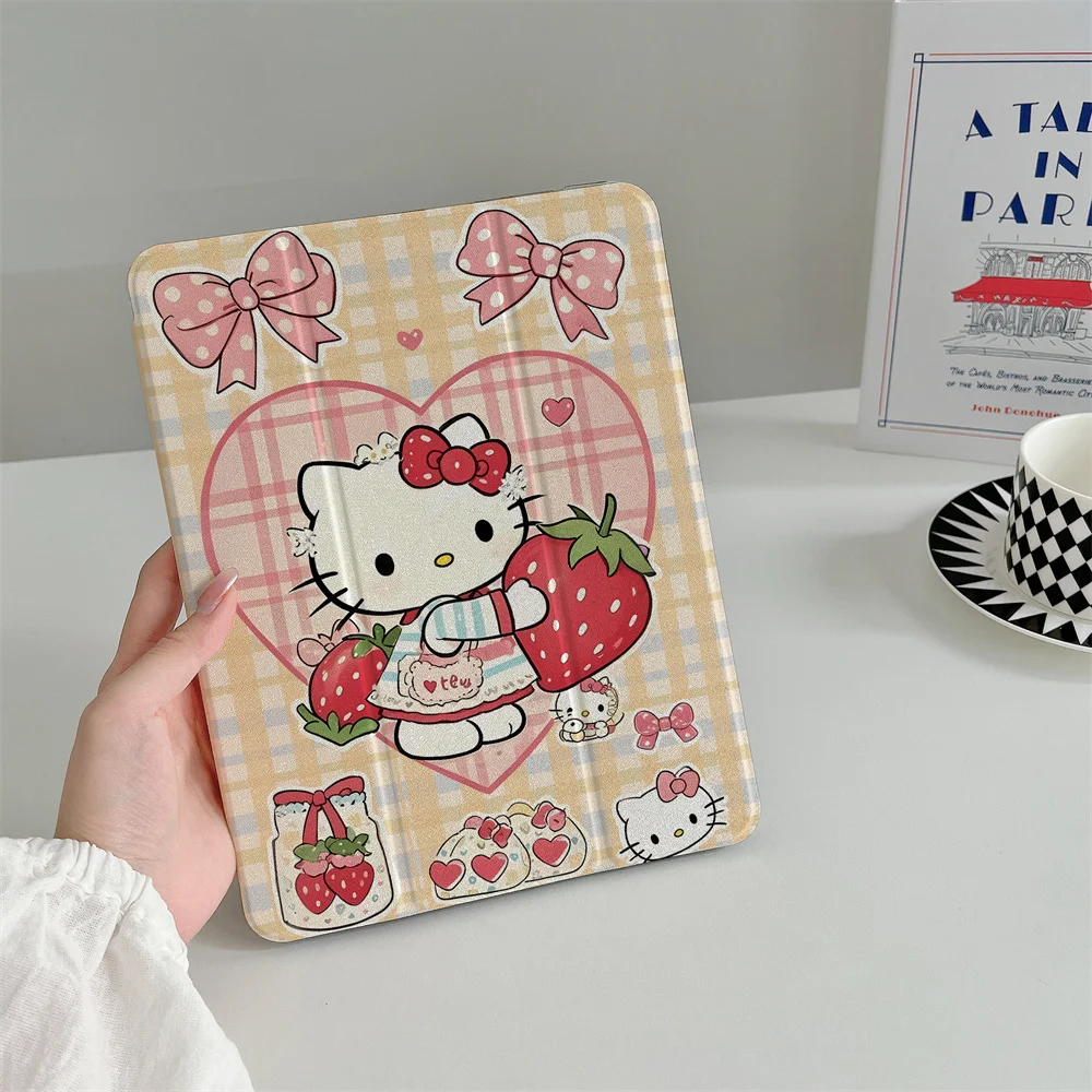 Cute cartoon strawberry bow Hello Kitty for A16 2024 11 inch 2025 Air 5/4 10.9-inch iPad 10 9.7 10.2/10.5 Mini 6/5 with pen slot