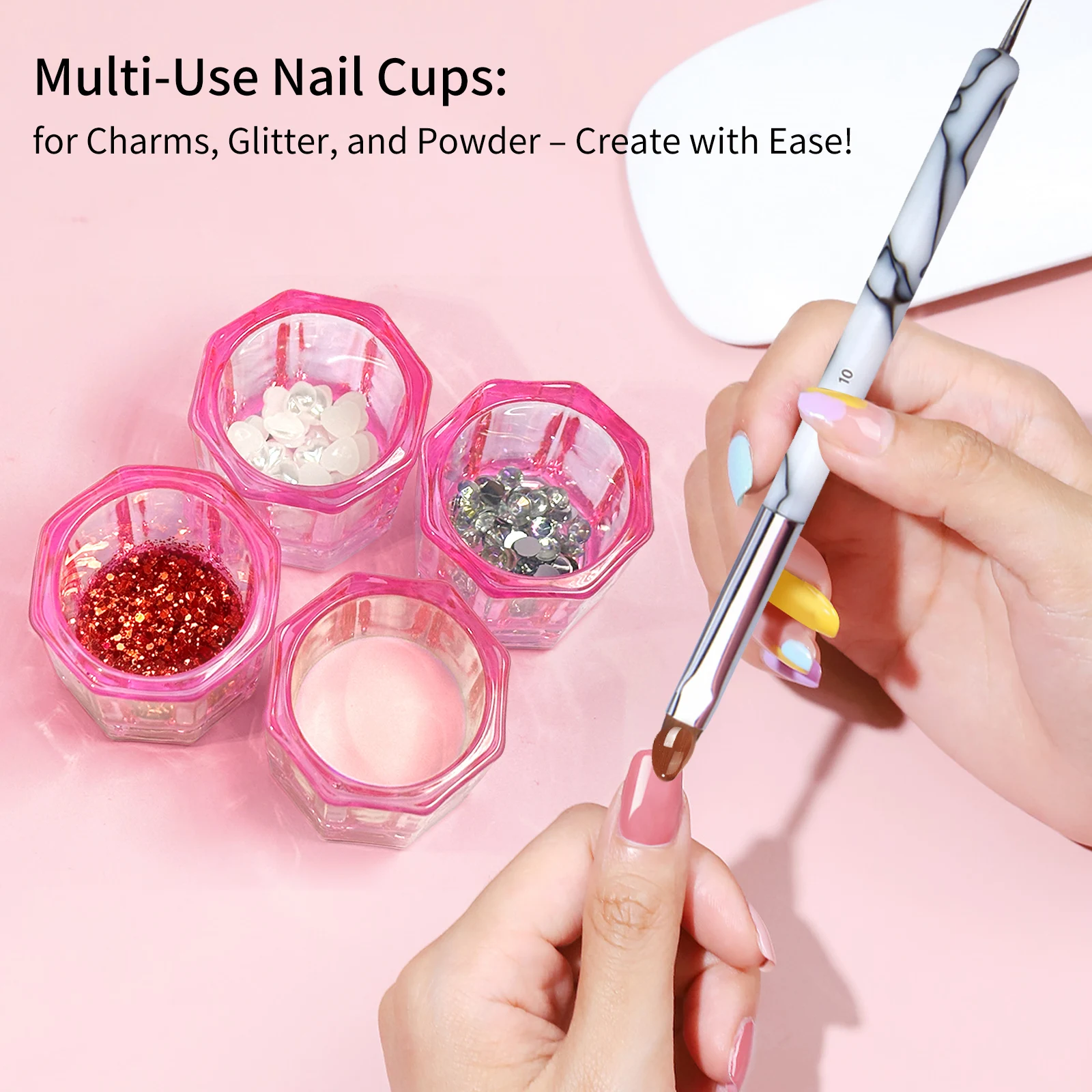 ถ้วยแก้วคริสตัลสำหรับใส่ผงอะคริลิค 8 ชิ้น สีชมพูใส สำหรับใส่ผงทำเล็บ อุปกรณ์ทำเล็บ DIY