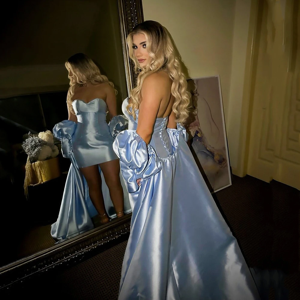 

Msikoods Satin Strapless Prom Dress Puffy Sleeve Mini Party Gown Detachable Train Cocktail Gown Evening Dress 2025 Customized