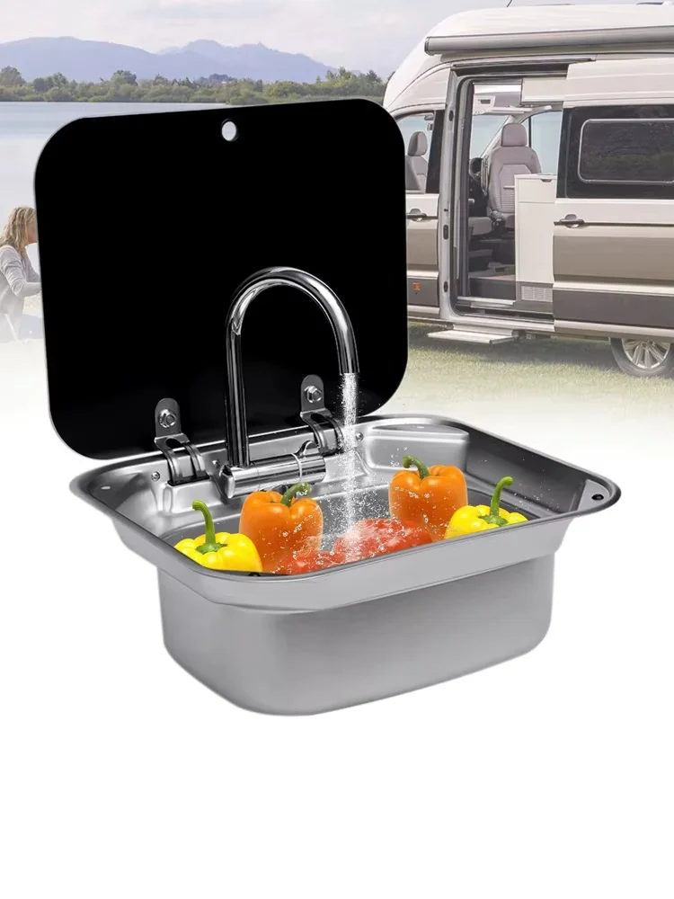 RVS wasbak voor camper/caravan met warm- en koudwaterkraan, opklapbare kraan en deksel van gehard glas - afbeelding 2