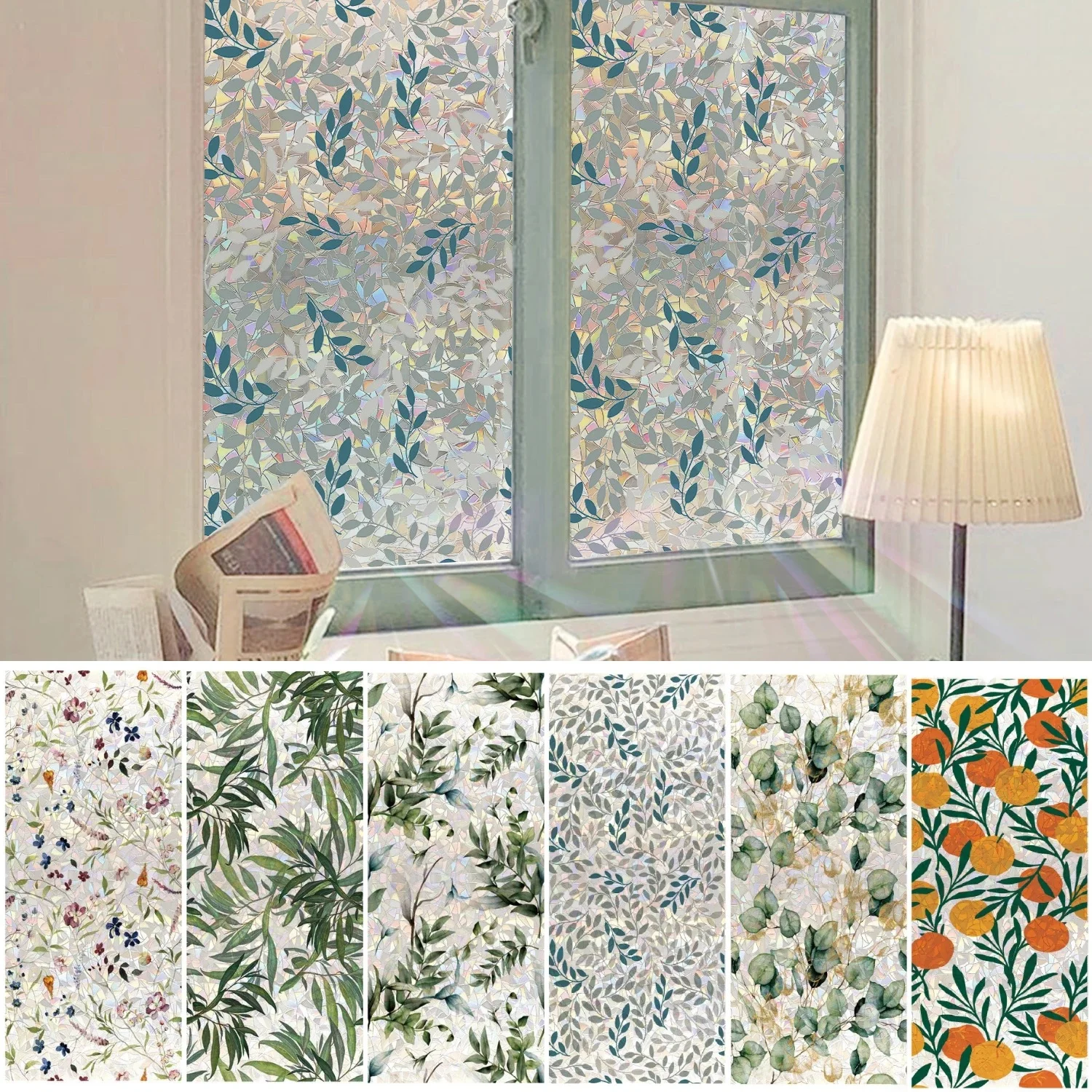 Film de confidentialité pour fenêtre motif feuille, adhésifs décoratifs 3D effet vitrail, vinyle décoratif pour fenêtre, autocollants PVC à adsorption statique sans colle