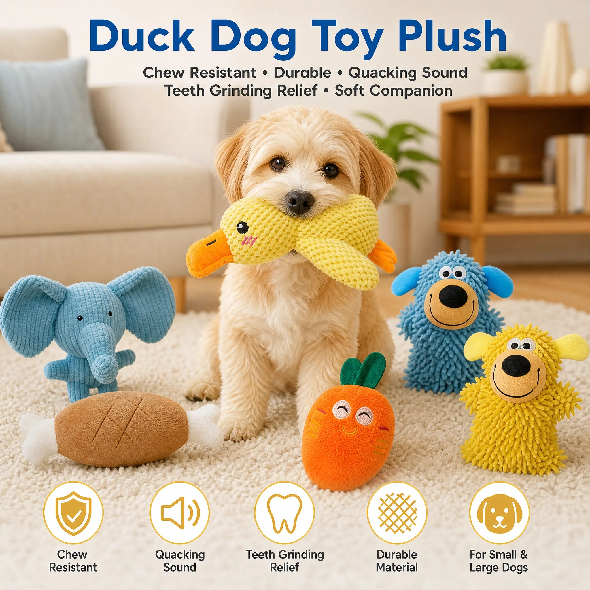 Duck Dog Toy Plush Chew Resistant Durable Dog Toy With Quacking Sound Teeth Grinding Relief Soft Companion For Small Large Dog