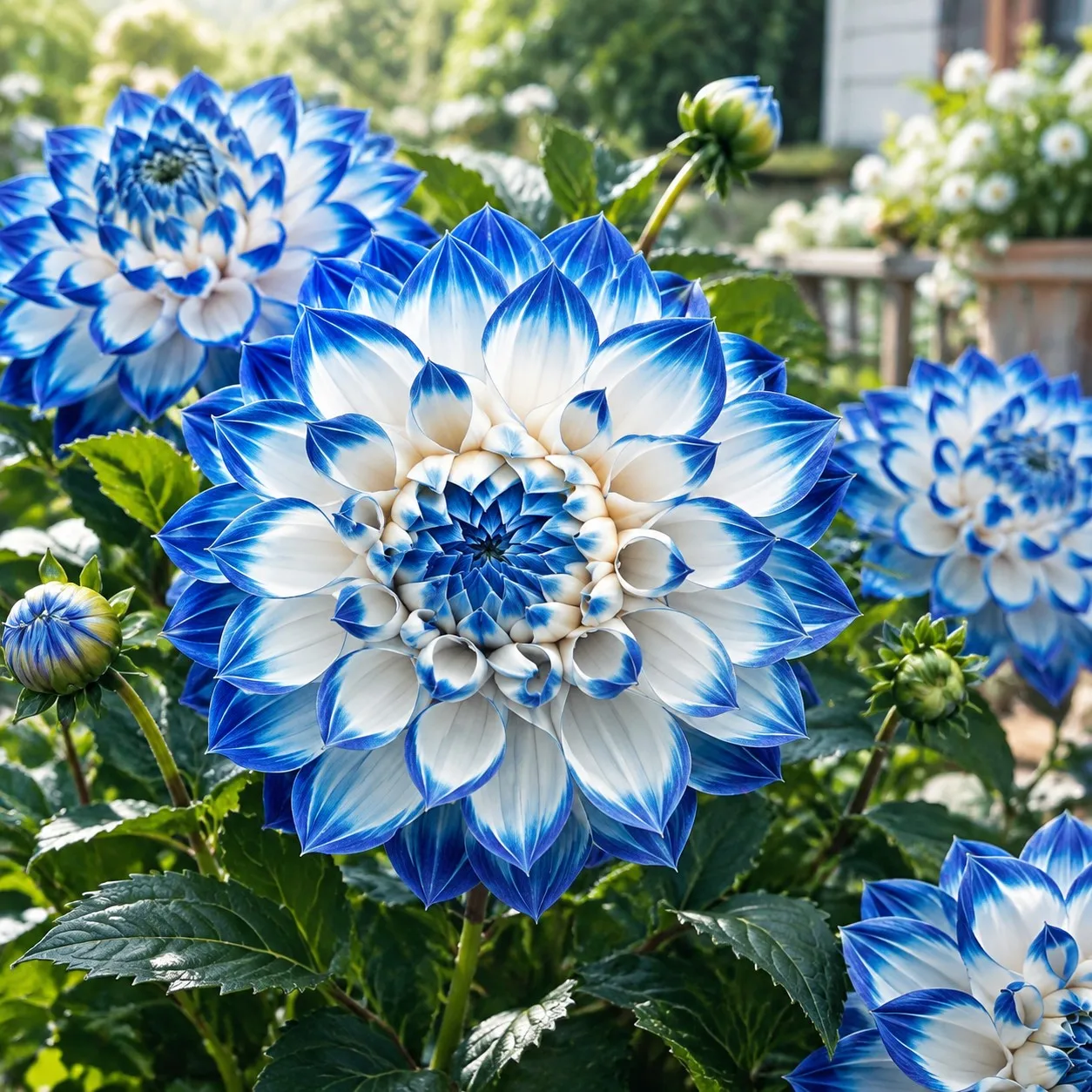 107Pcs Semillas Dalia Azul Blanca Flor Maceta Jardín Casa Patio Balcón