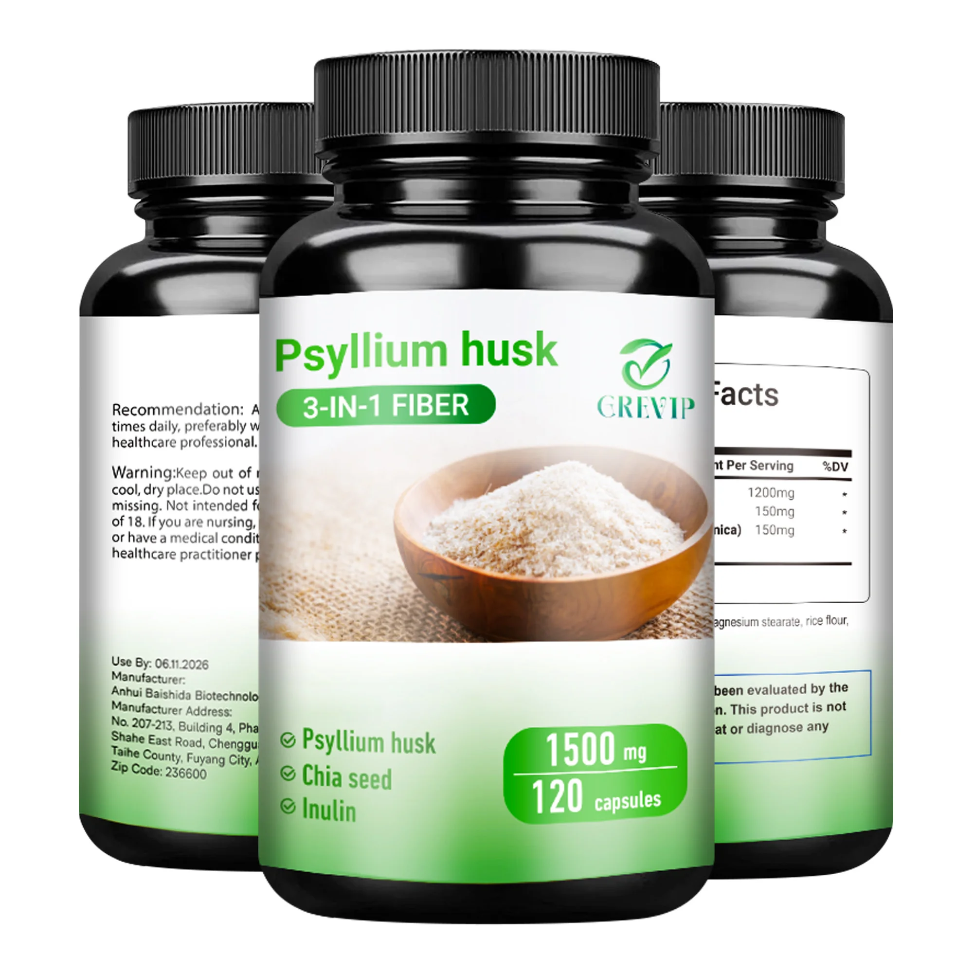 Psyllium Husk - Natural Soluble Fiber - Good for Intestinal Health, Improve Digestion and Relieve Bloating - 120 Capsules