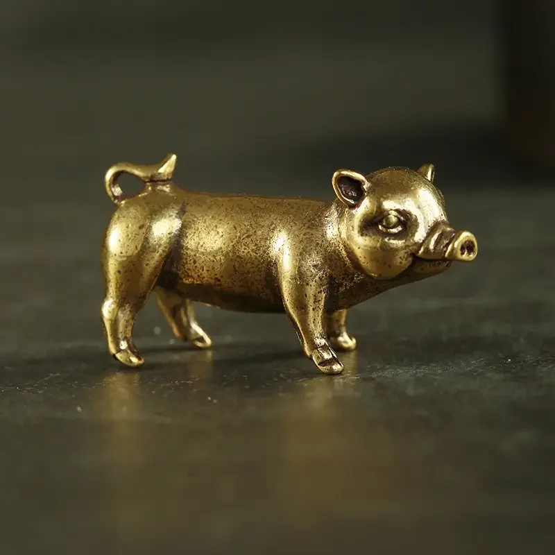 Brass Pig Figurine Collectible, Cute Metal Animal Sculpture for Tabletop Decor
