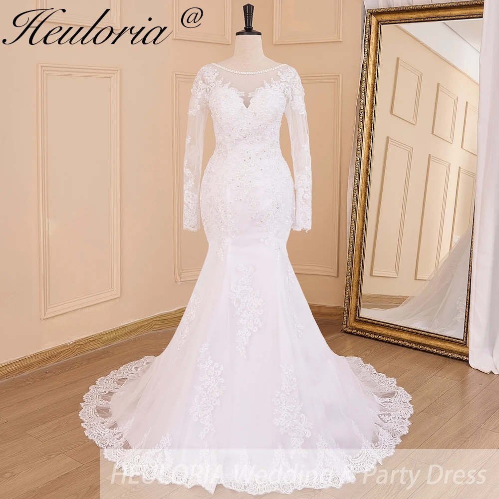 

HEULORIA elegant mermaid Wedding Dresses long sleeve o neck lace beading plus size Bride Dress Robe de mariage customize