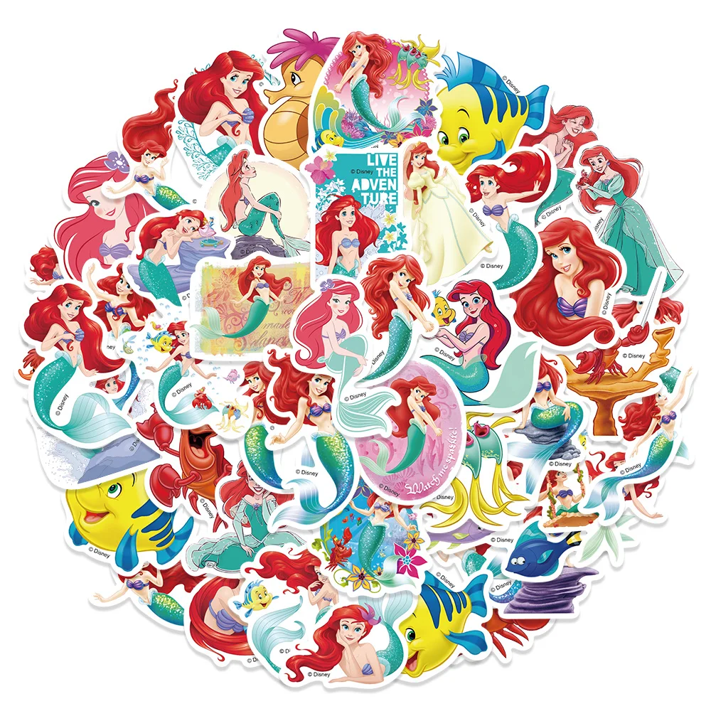 50pcs Disney The Little Mermaid Ariel Princess Stickers For Kids Laptop Luggage Skateboard Sticker Aesthetic Graffiti Decals Toy