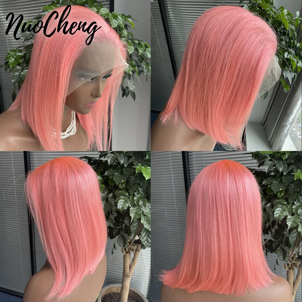 Colored Short Bob Wigs Human Hair Wig with Pre Plucked Baby Hair Pink Color 13x4 Lace Frontal  Glueless Straight Bob Wig 180%