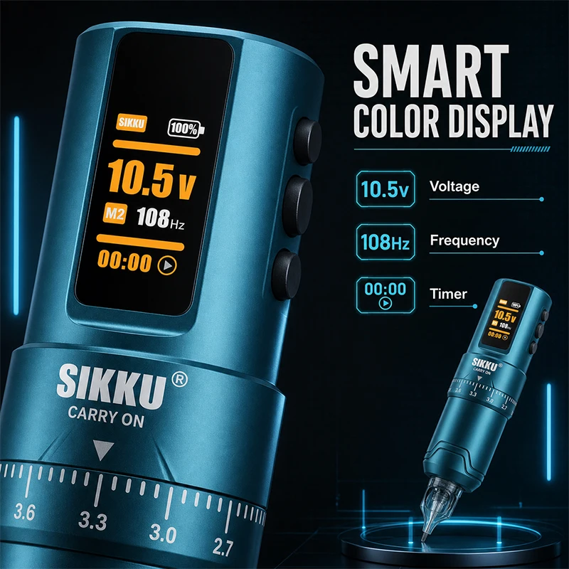 SIKKUE Adjustable Wireless Tattoo Machine Stroke 2.0-4.2mm FK 2000mAh Color Screen Battery Coreless Motor Pen For Tattoo Artis