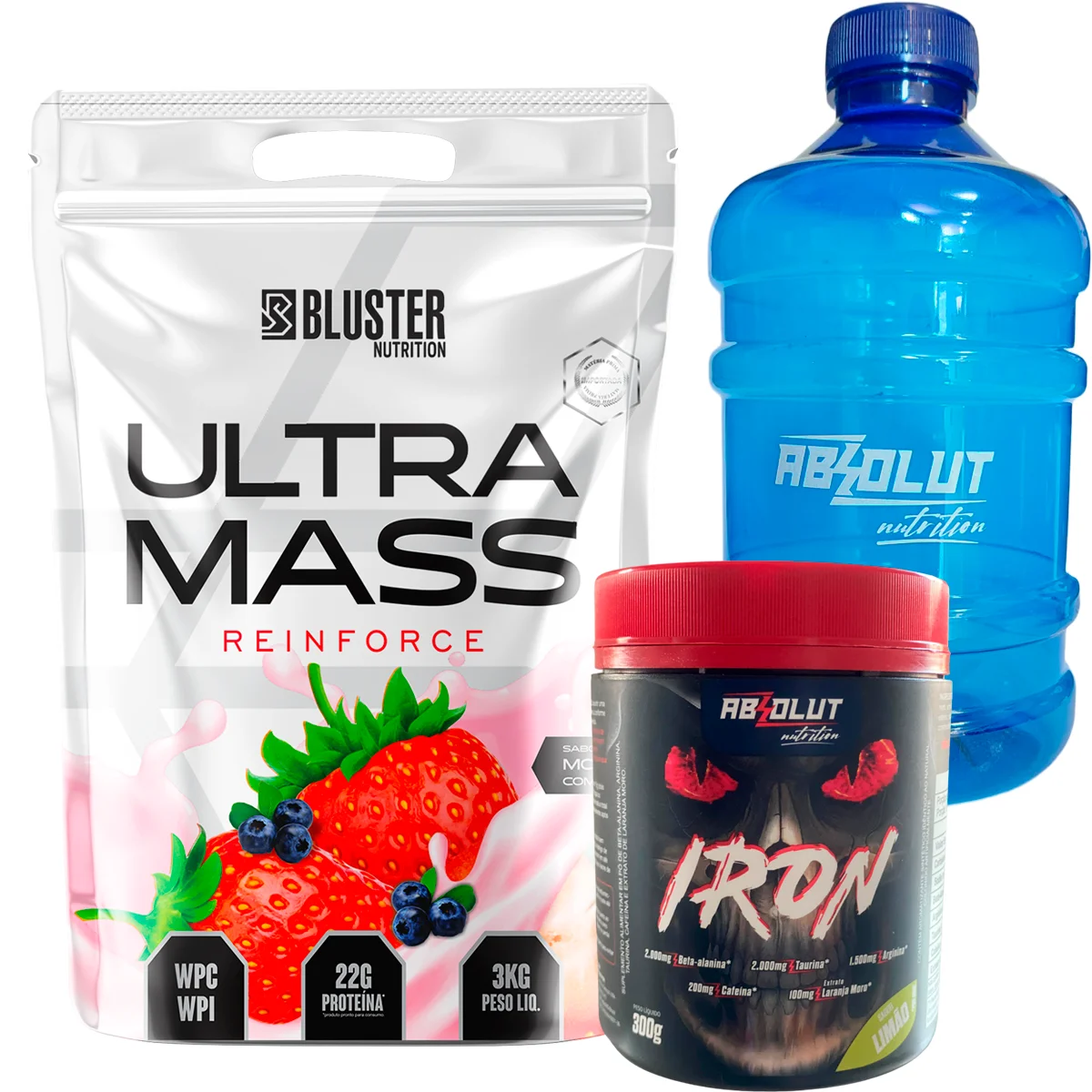 3Kg Strawberry Hypercaloric Kit + Lemon 300g Pre-Workout + 1L Gallon