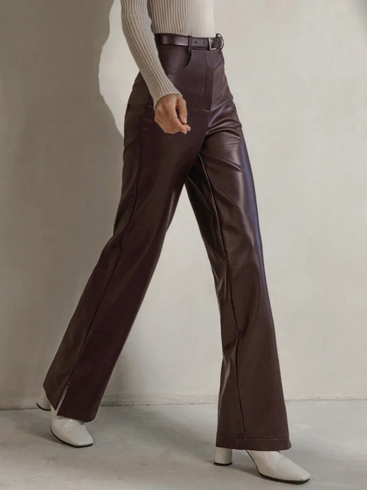 Mikydely Brown Vintage Faux Leather Pants Women Business High Waist Straight Trousers Office Ladies Pleated Slit Pants Winter