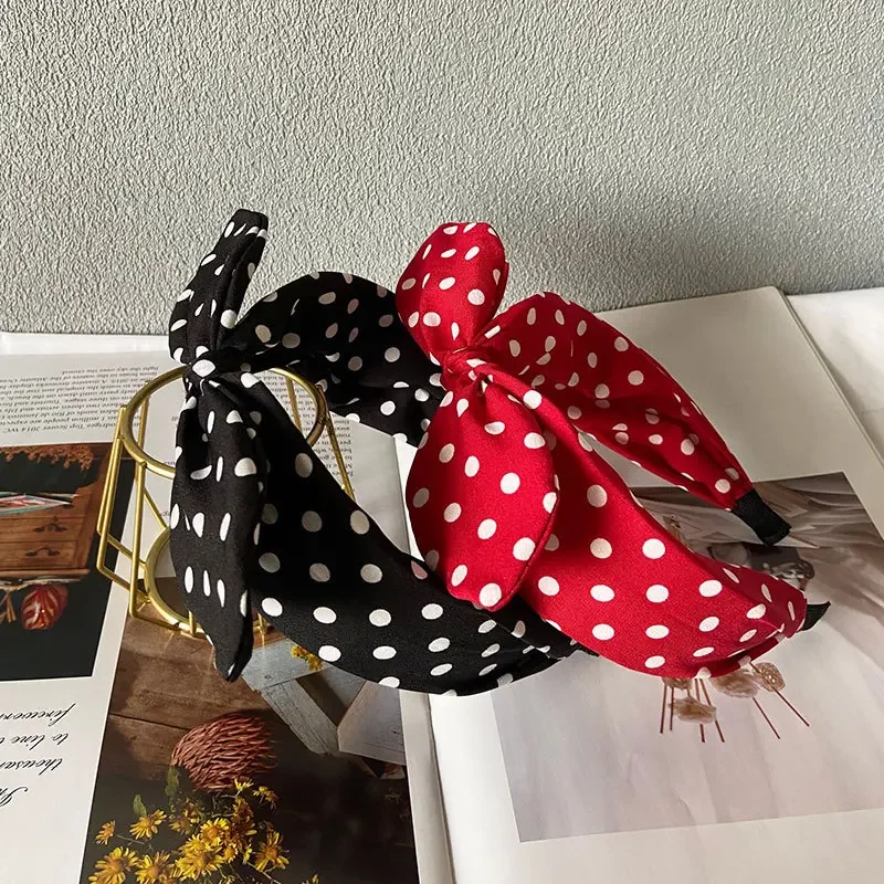 New Vintage Dot Print Bows Hair Hoop Women Headband Cute Rabbit Ears Lady Girls Hair Band Bow Hairbands Akcesoria do włosów — zdjęcie 2