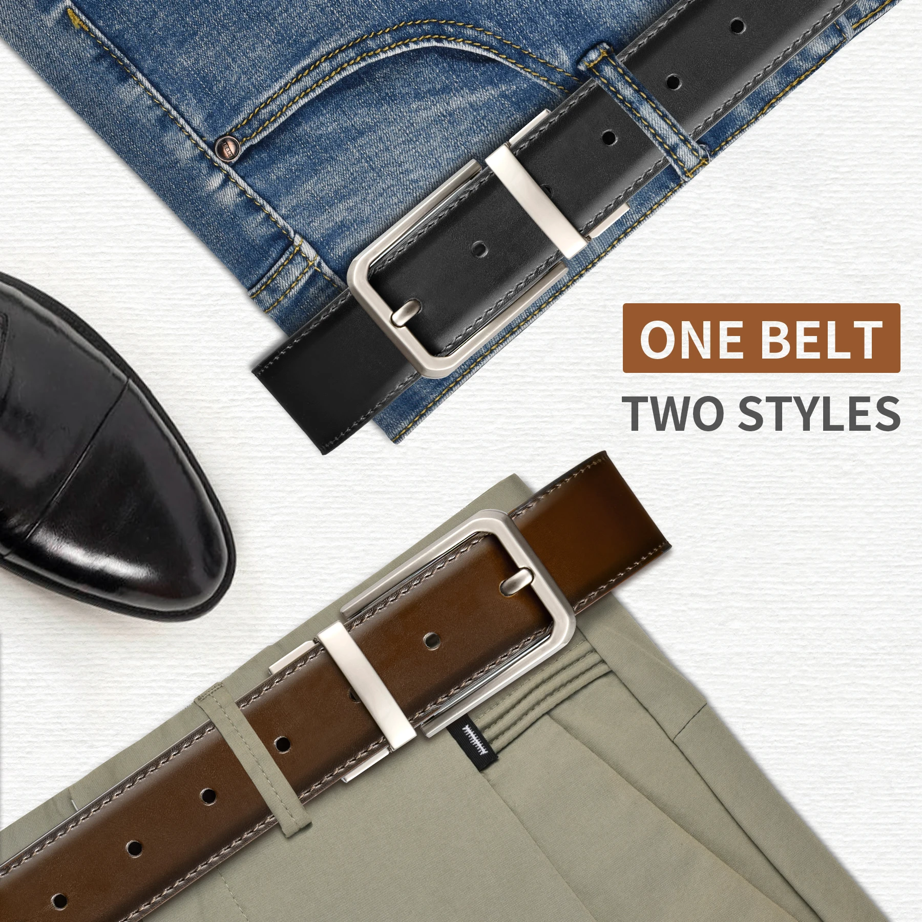 เข็มขัดหนังผู้ชายแบบกลับด้านได้ 1 แพ็ค สไตล์ลำลองสองแบบในเข็มขัดเดียวสำหรับผู้ชายสำหรับใส่กับกางเกงยีนส์และกางเกงเดรส