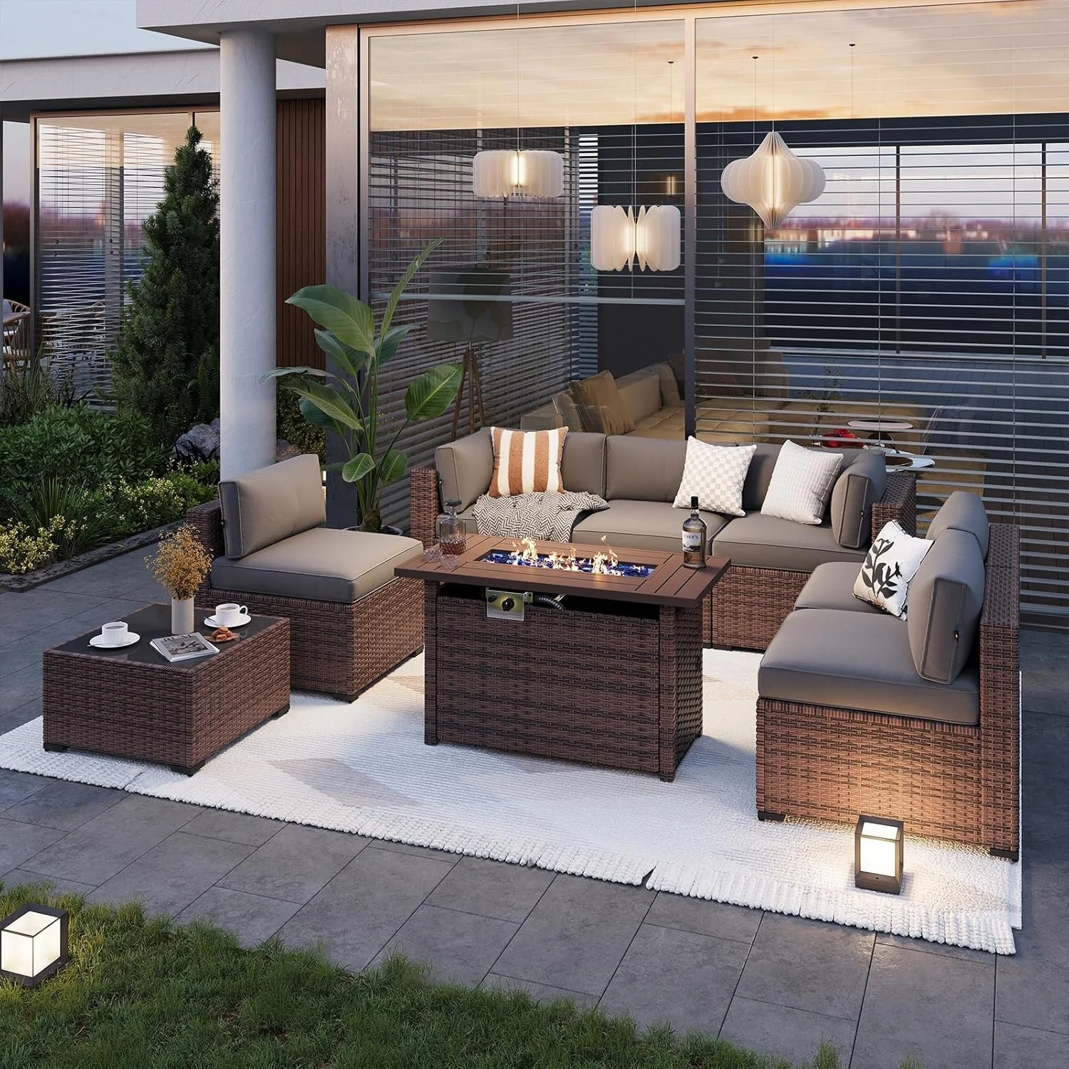Nordivale 44'' Outdoor Wicker Gas Fire Pit Table, 50,000 BTU Propane Firepit with Lid, Patio Furniture Set for Backyard Poolside Garden (Brown) view 7