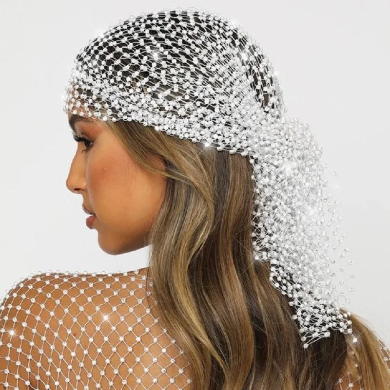 1pc Long Tail Braided Fishnet Decorated Elastic Headscarf Hat With Rhinestones