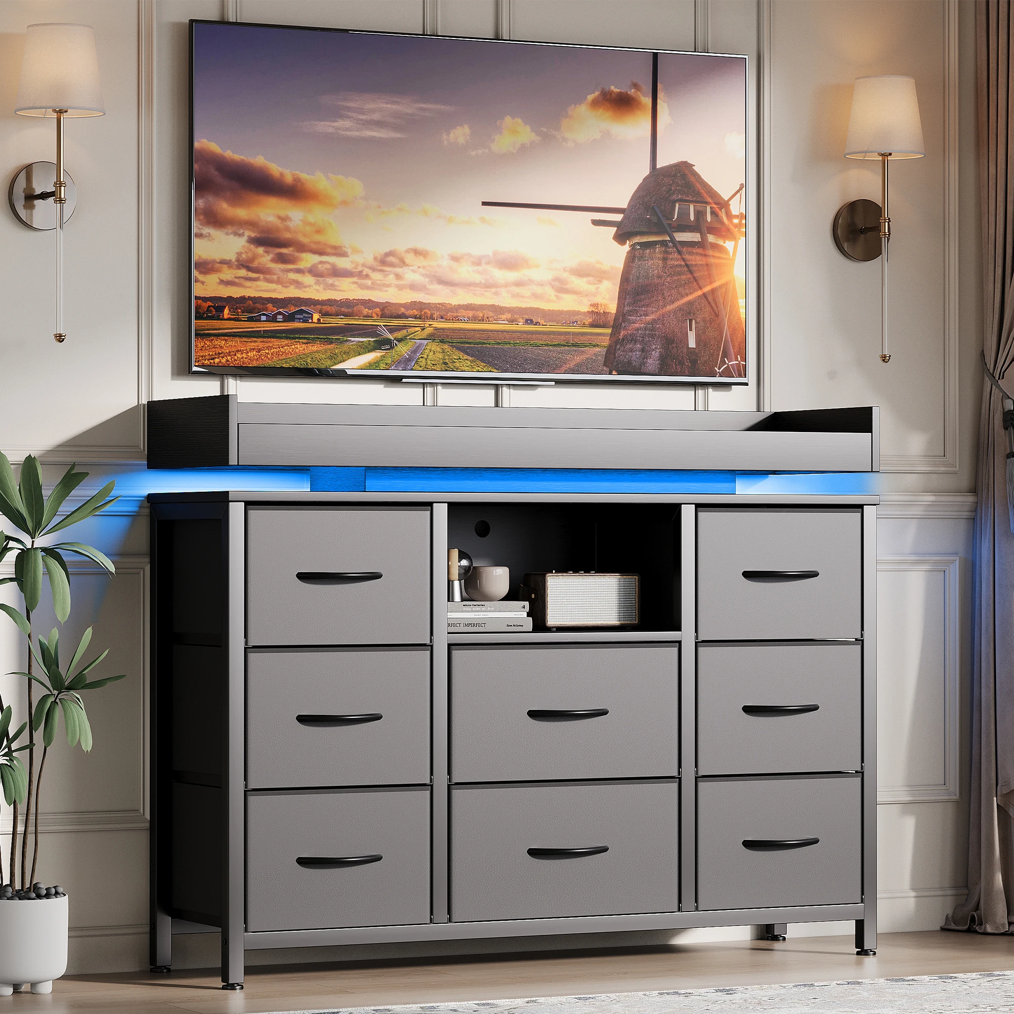 Anajqaqia Mueble para TV de 108×82×30 cm, cómoda, mueble de almacenamiento multifuncional con 8 cajones, organizador de pasillo y cómoda para sala de estar