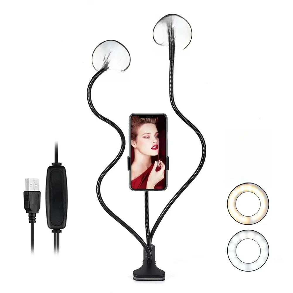 Anneau lumineux Led double lumière de remplissage, USB flexible, lampe de remplissage, lampe annulaire à intensité variable avec support pour téléphone pour le diffusion en direct