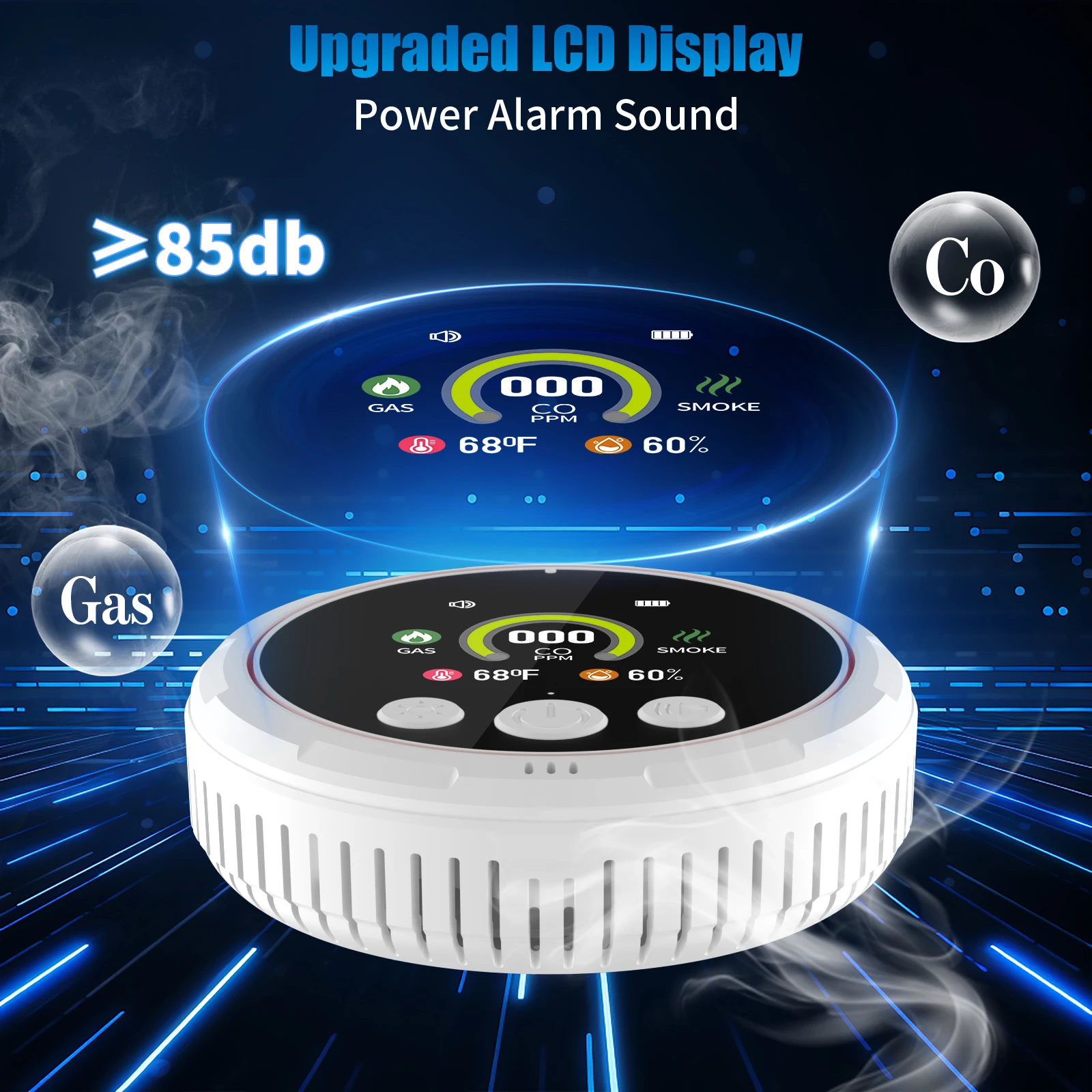 5-in-1 koolmonoxide-, rook- en gaslekdetector met HD-scherm – plug-in en batterijback-upalarm voor CO, brandbaar gas,