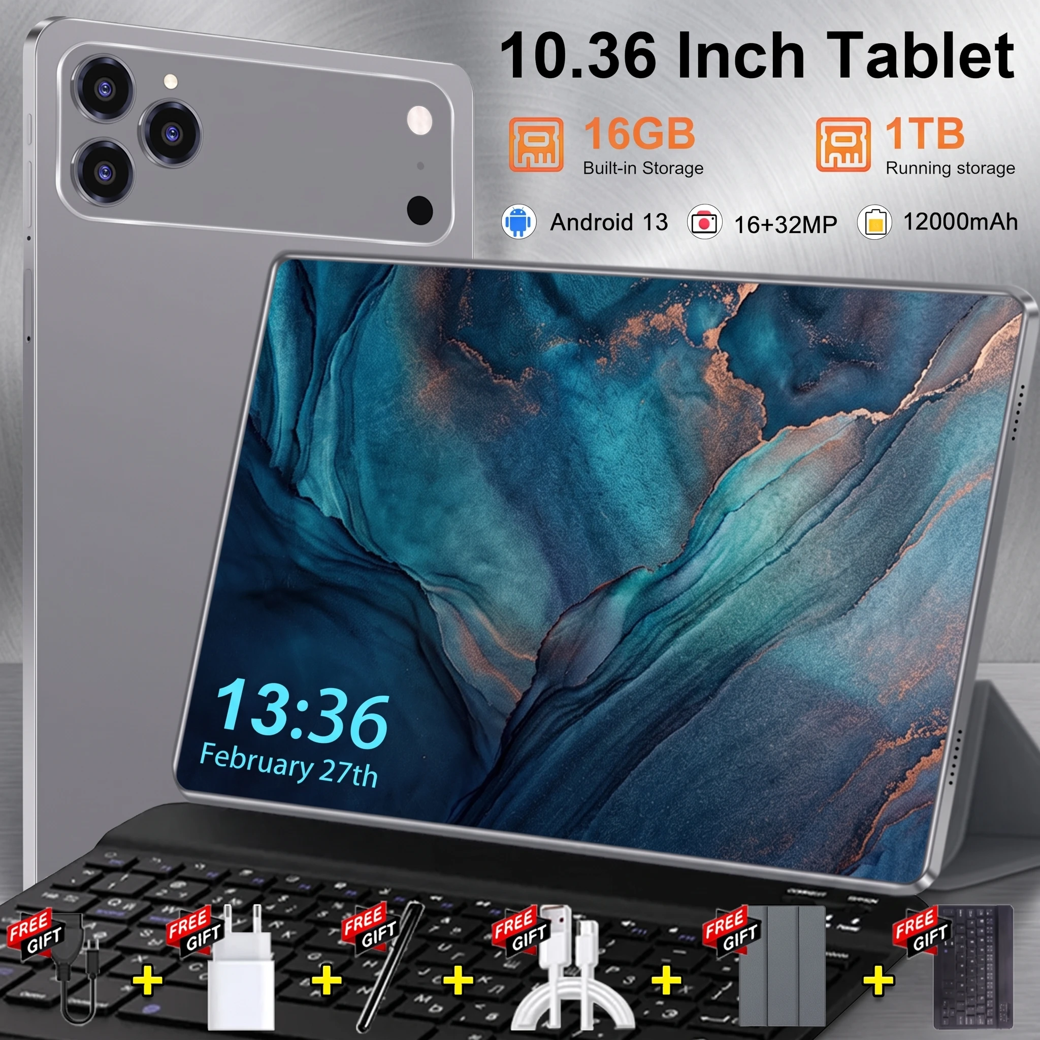 5G Dual-SIM-Tablet, 10,36 Zoll, Android 13, 16 GB RAM, 1 TB großer Speicher, 20.000 mAh, 10-Kern-Prozessor, Bluetooth, GPS, tragbares Tablet, passende Tastatur