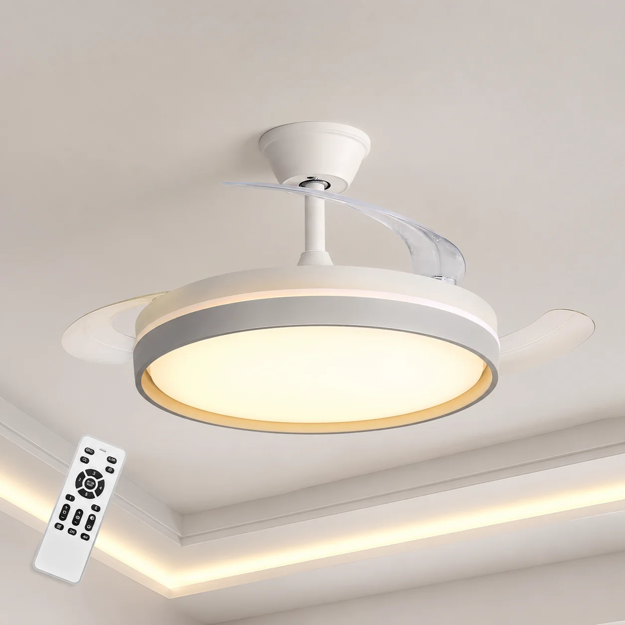 Ventilador de Techo con Luz LED y Aspas Retráctiles, Mando a Distancia, 38dB Silencioso, Motor DC, Blanco