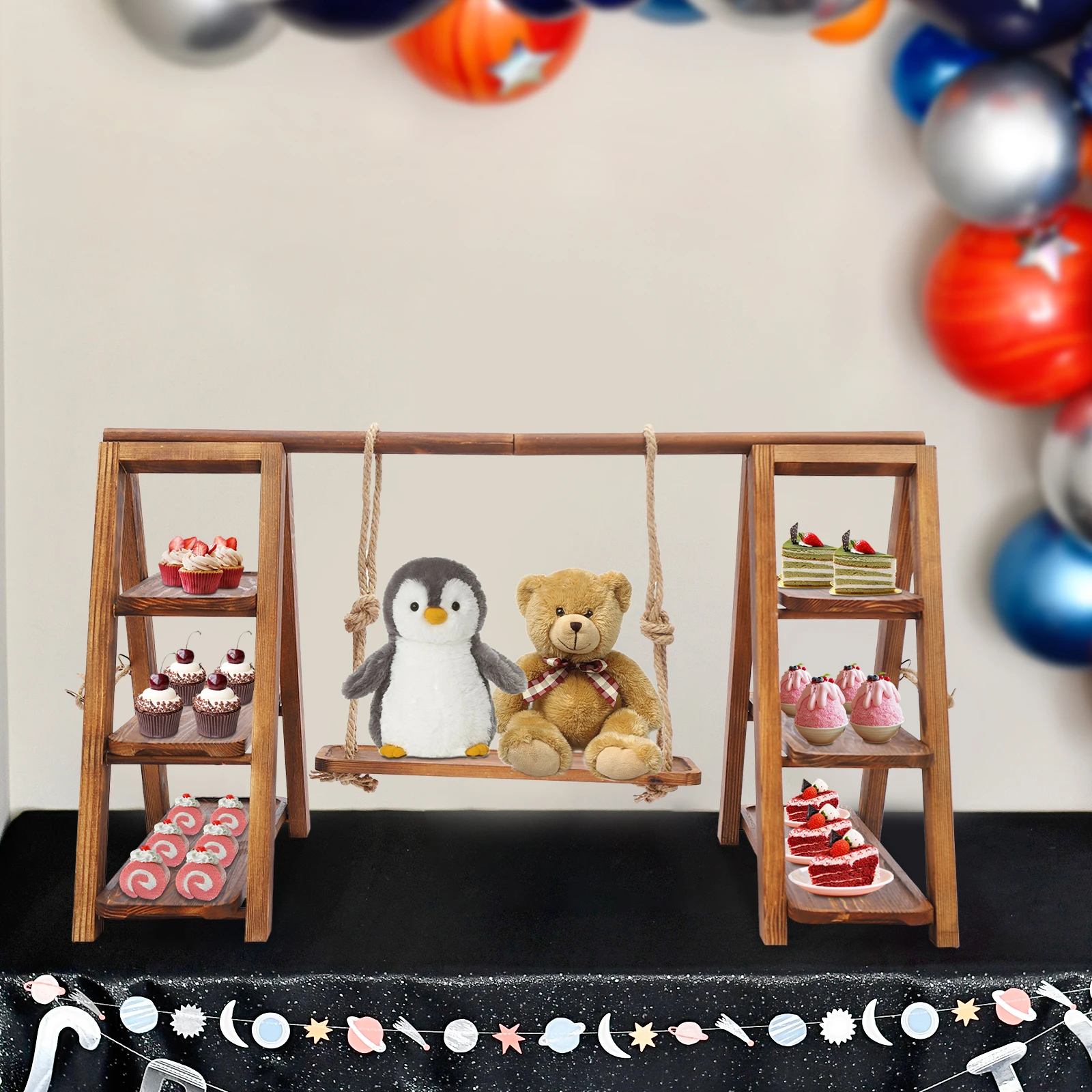 3 الطبقة تخدم صينية صينية تقديم خشبية مجموعة الصحراء الجدول عرض مجموعة كعكة سوينغ حامل عرض خشبي حامل للحلويات كب كيك #2