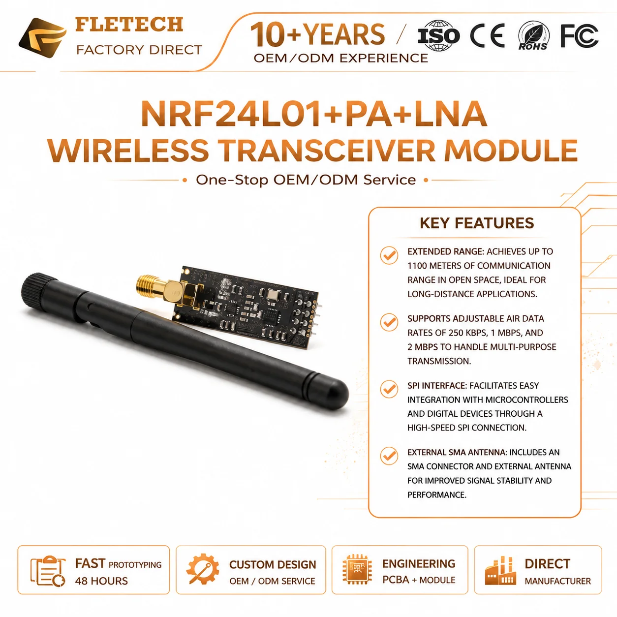 2.4G NRF24L01 + PA + LNA Long Distance Wireless Data Transmission Module 1100 Meters SPI RF Board with External Antenna