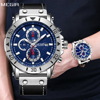 MEGIR Watch Men's Military Sport Wrist Watches Waterproof Leather Quartz Chronograph Calendar Luminous Clock Watch for Man 2081