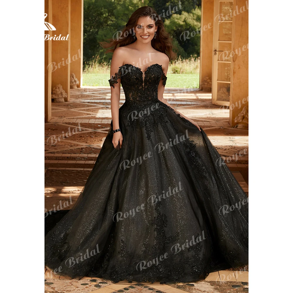 

Sexy Sweetheart Collar Off The Shoulder Back Button Lace A Line Gothic Black Wedding Dress Bridal Gowns vestidos Customized robe