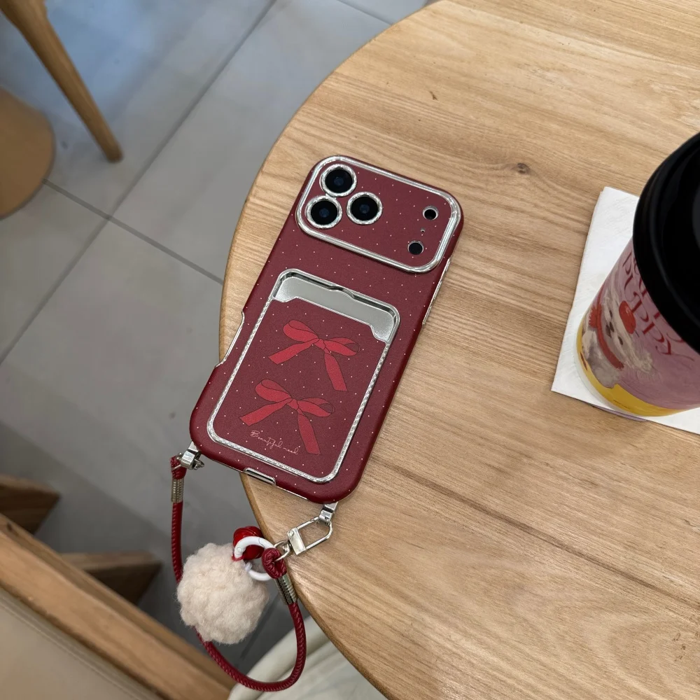 

Creative retro card holder bow phone case for iPhone 17 16 ProMax 14 15Pro fundas Korean INS fashion shockproof protective cover
