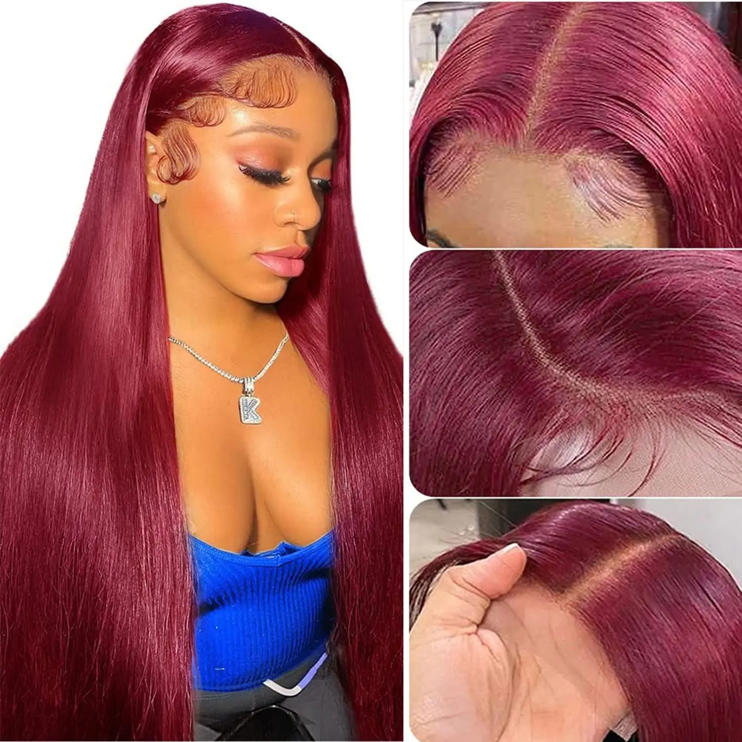 Wig renda depan 13x6 Hd 99j Burgundy lurus 13x4 Wig rambut manusia renda depan 30 36 inci Wig rambut Brasil berwarna untuk wanita