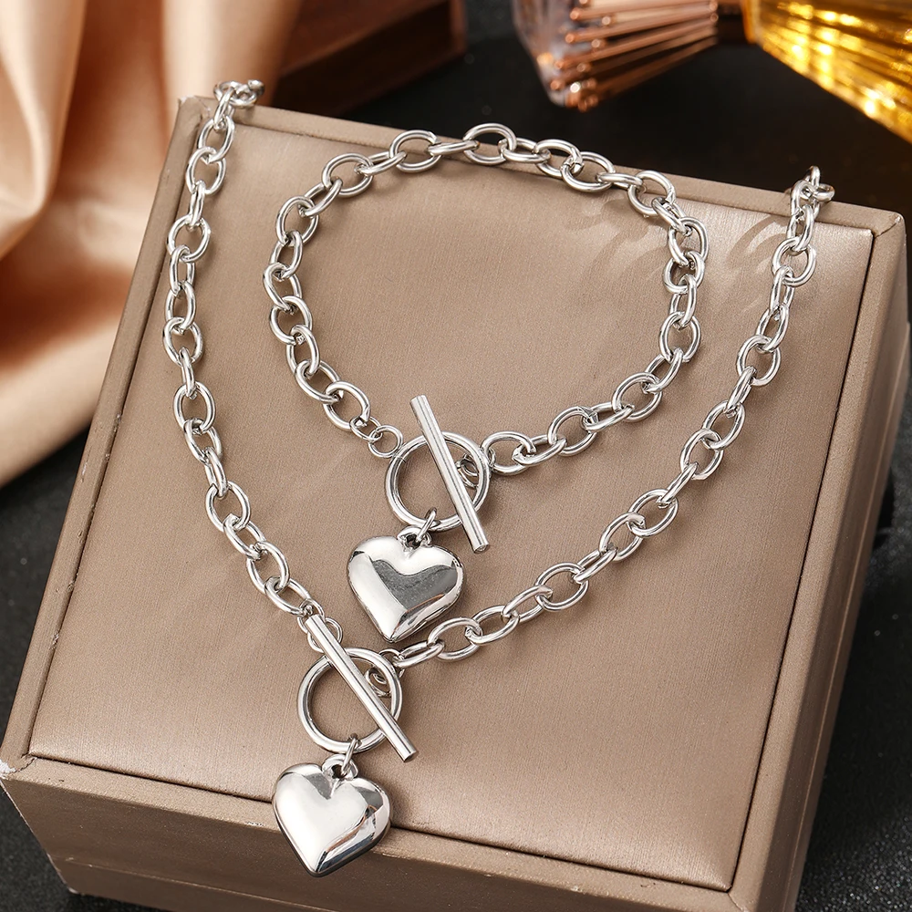 DOTIFI Stainless Steel Minimalist Heart-Shaped Pendant Bracelet Necklace Set With Ot Clasp Design Fashion Accessories For Women