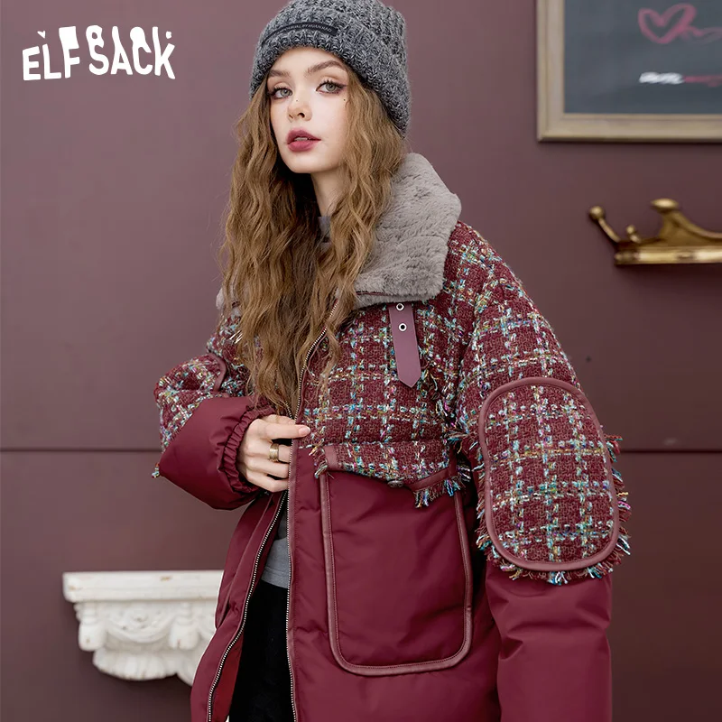 ELFSACK 2024 Inverno Novidades Ancora vermelho contraste costura jaqueta para mulheres