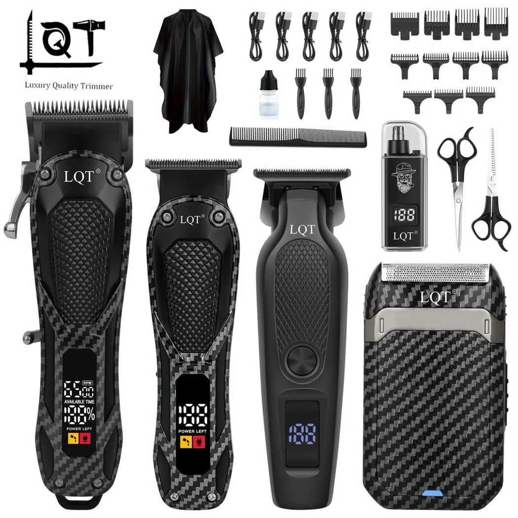 LQT Carbon Fiber Professional Barber Grooming 4Pcs Kit LCD Hair Clipper Trimmer Shaver USB‑C Rechargeable Salon Haircut Tool Set