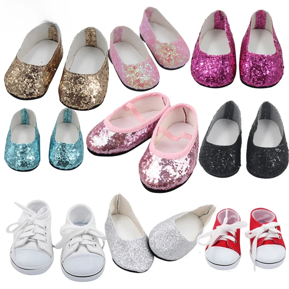 7 cm nieuwe mode baby pailletten pop schoenen handleiding canvas schoenen voor 43 cm poppen baby pasgeboren en 18 inch Amerikaanse poppen meisje cadeau - afbeelding 2