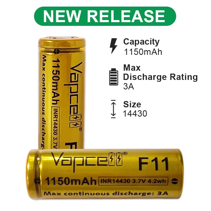 Vapcell INR14430 F11 1150mah 3A lithium ion batteries 14430 for flashlight