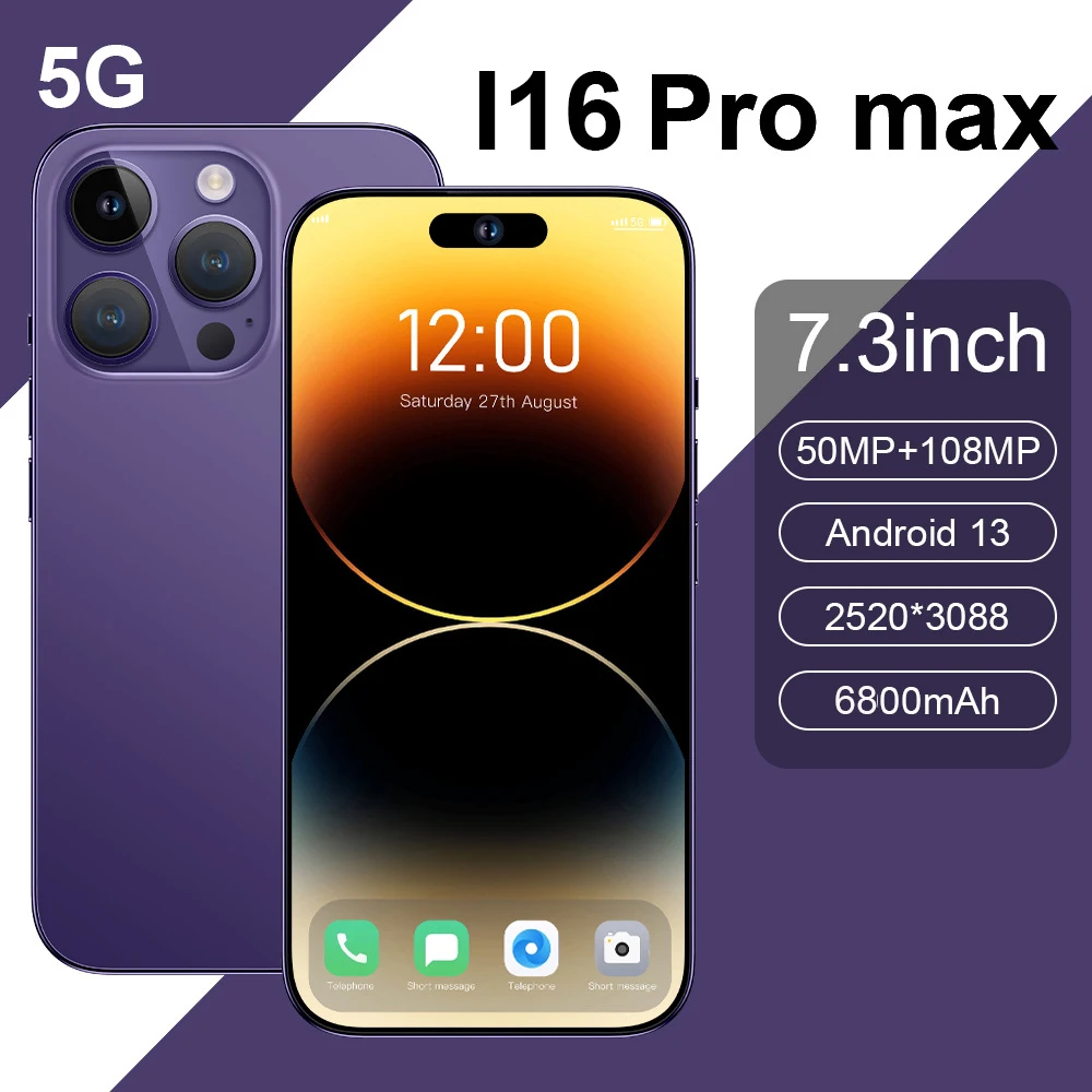 

New Smartphone I16 Pro max Global version Mobile Phone16G+1T 7.3'' HD+ Android 14 6800mAh 4G/5G Networks Snapdragon 8 gen3 108MP