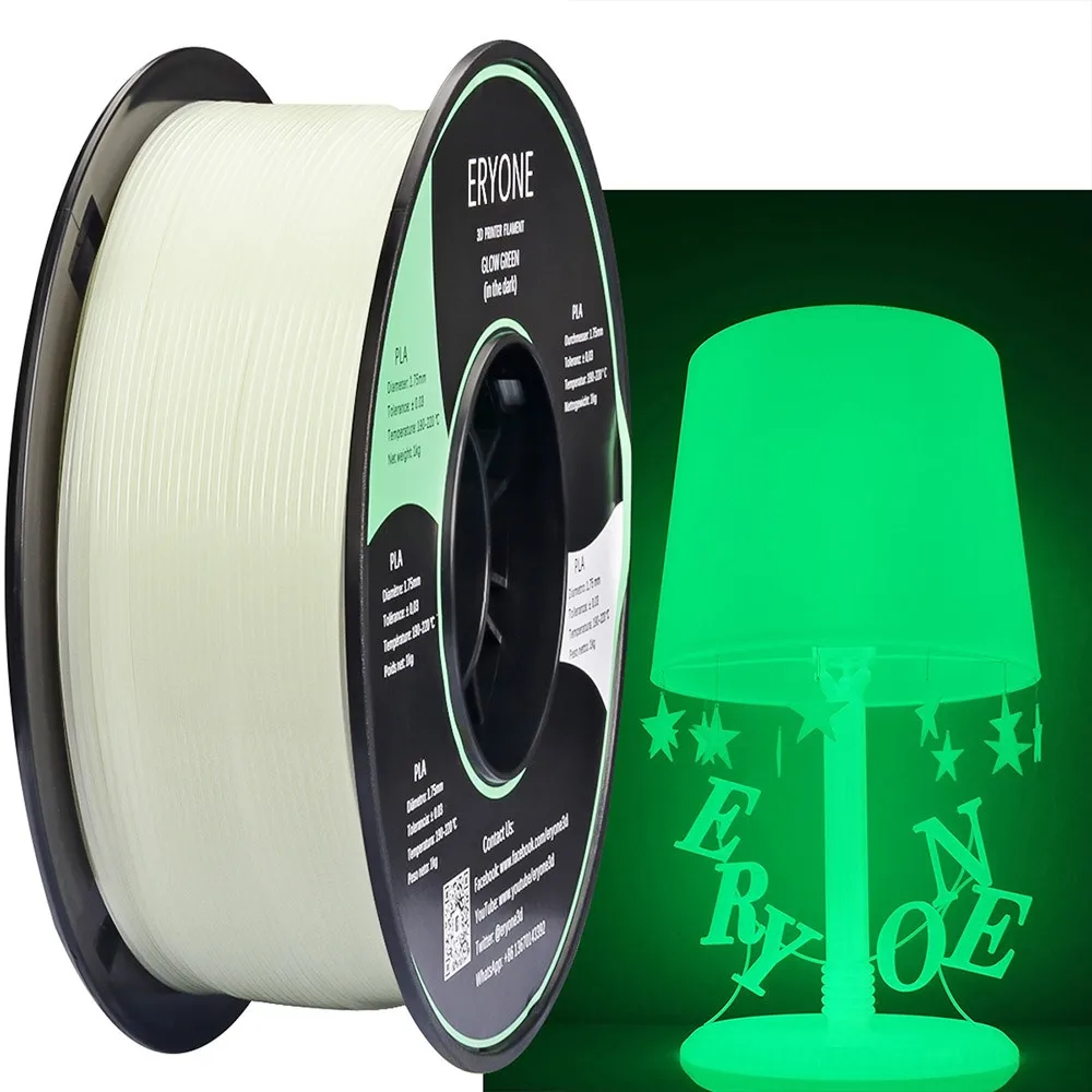 Filament d'impression 3D PLA lumineux ERYONE 1,75 mm 1KG/2KG/3KG/4KG/5KG Vert/Violet/Bleu, brille dans le noir, haute résistance, enroulement soigné, faible déformation, sans bulles, matériau d'impression 3D pour imprimantes 3D FDM