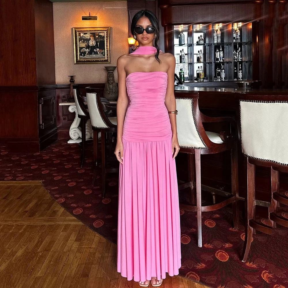 

Msikoods Elegant Pink Maxi Evening Dress Strapless Halter Neck Formal Party Gown Wedding Reception Dress Customized Prom Gown
