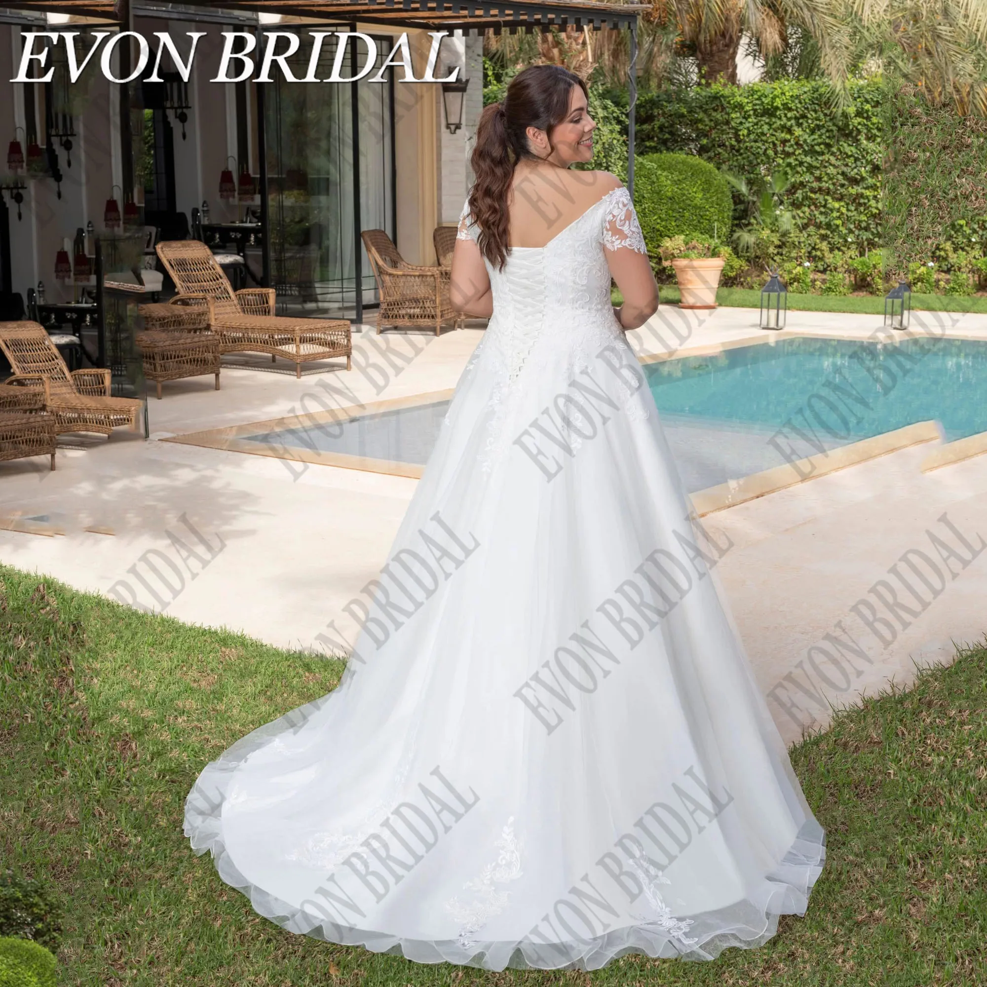 Evon Braut schulter frei Brautkleid plus Größe Frau Braut schnüren V-Ausschnitt A-Linie Tüll Applikation maßge schneiderte Robe de MariéeEVON BRIDAL