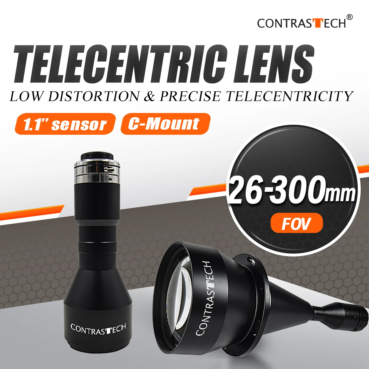 1.1″ Sensor Telecentric Lens C-Mount Low Distortion FOV36-300mm High Resolution Machine Vision Optics for Precision Measurement