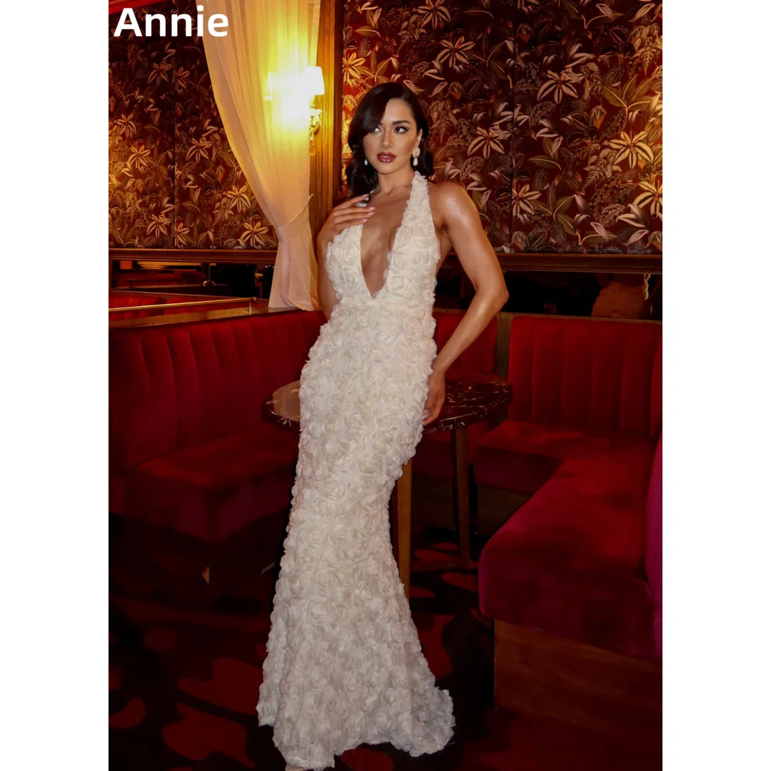 

Annie Halter Neck Deep V Neck Prom Dresses Luxurious Handmade Flowers Evening Dresses Elegant Lady Party Dresses فساتين سهرة