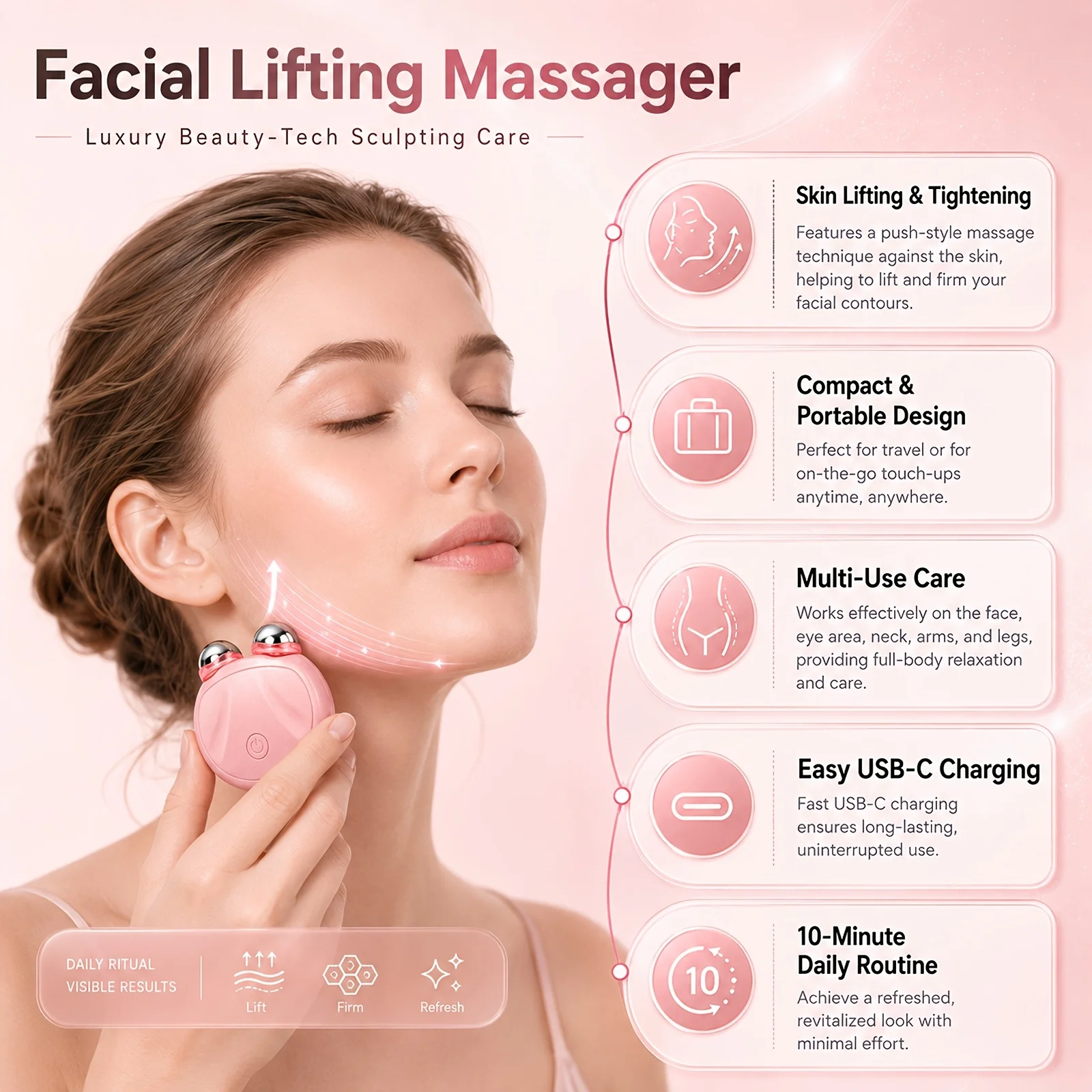 4-in-1 EMS Facial Lifting Massager, Dual Roller Face Sculpting Device with Red & Blue Light, Vibration Massage, Skin Firming & Tightening Care, USB-C Rechargeable Portable Beauty Tool for Face Eye Neck Arms Legs, 10-Min Daily Home Travel Skincare