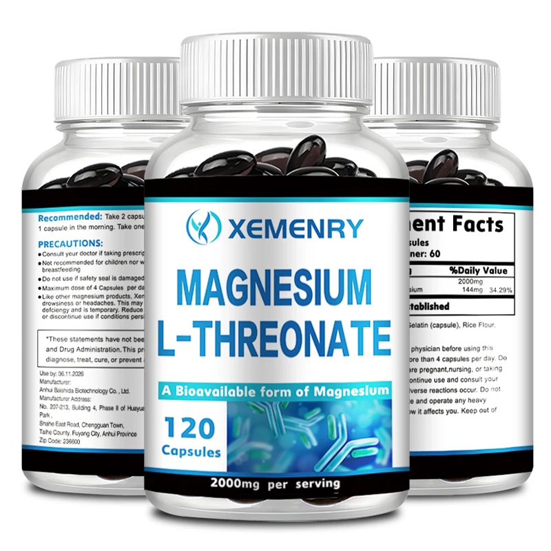 Magnesium L-Threonate - Promotes Brain Health, Enhances Memory, Concentration & Cognition, Boosts Nerve Energy - 120 Capsules