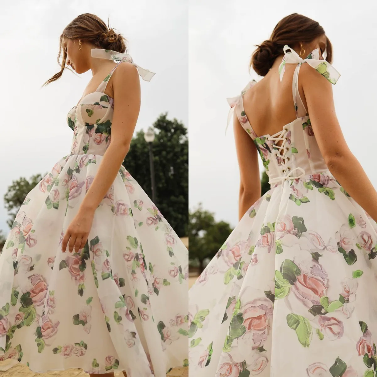 Print Flower Prom Dresses Maxi Tea Length Party Dress A line Spaghetti Neck Evening Gowns Photoshoot Birthday Dress robes