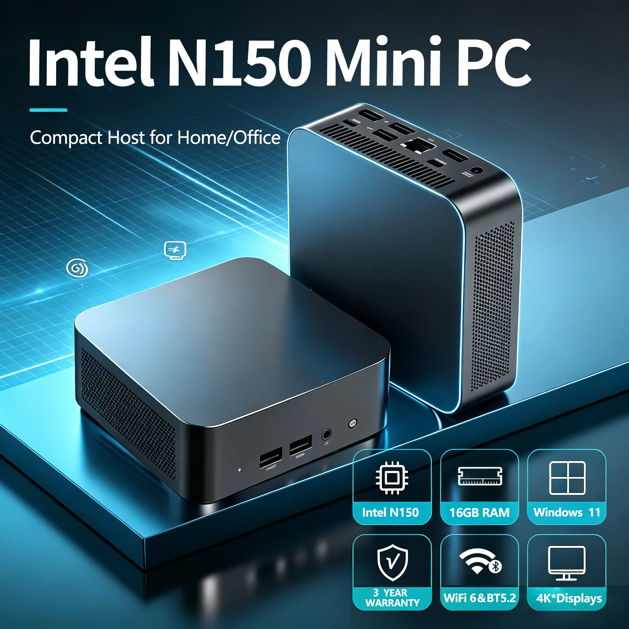 Portable Desktop Mini Computer Mini PC Intel N150 16GB DDR4 1/2TB SSD PC Windows 11 UHD Graphics ...