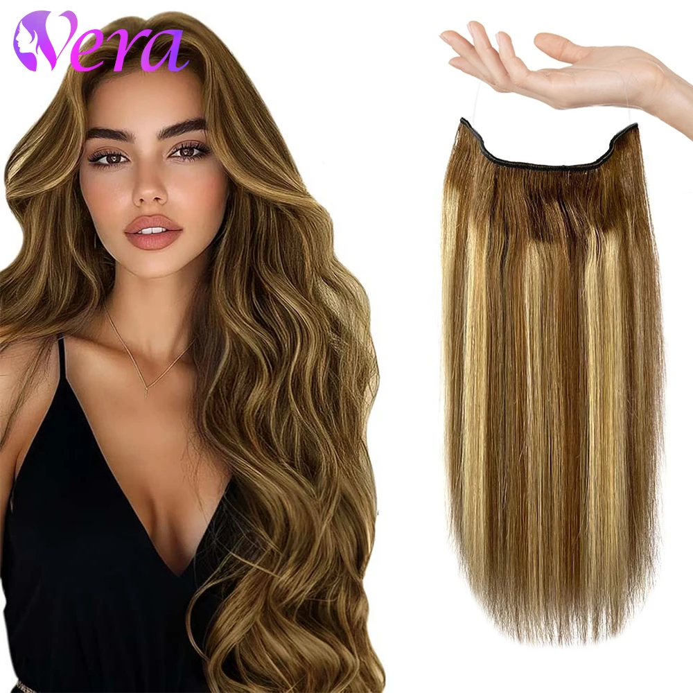 Wire Hair Extensions Straight Human Hair Brown Highlights Invisible Fish Line Hair Extensions #4/27 Highlight Hidden Hairpiece